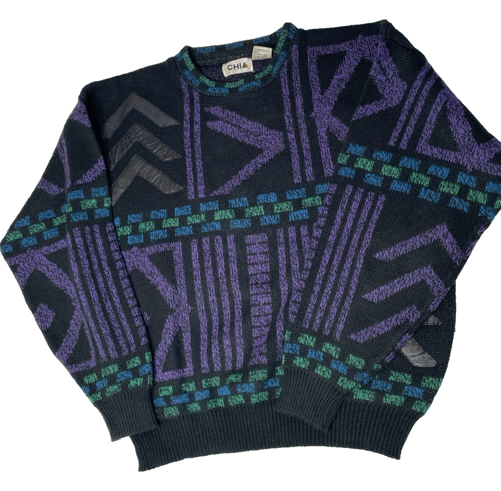 Vintage CHIA Sweater Large Black Purple Geometric Leather Trim Dolman 80s 90s